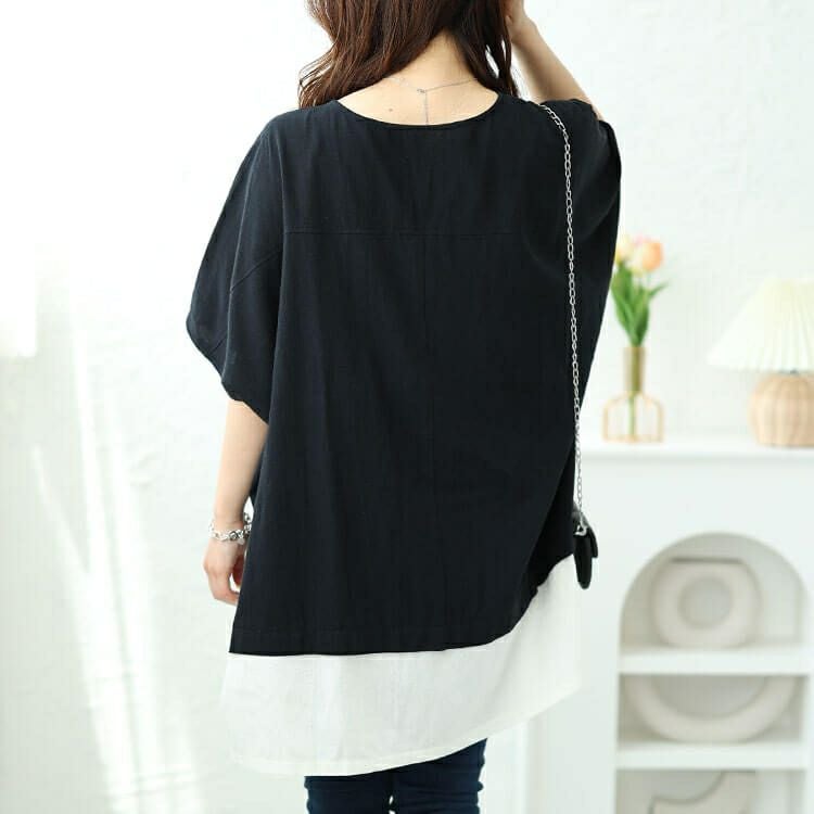 大きいサイズ レディース フェイクレイヤードキーネックドルマンチュニック　maru-30044