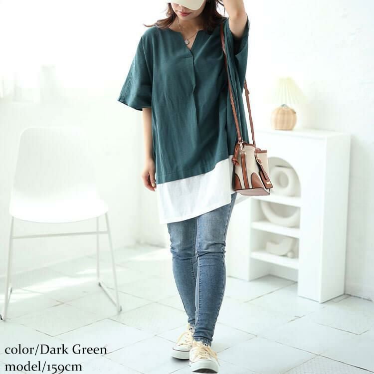 大きいサイズ レディース フェイクレイヤードキーネックドルマンチュニック　maru-30044 ダークグリーン