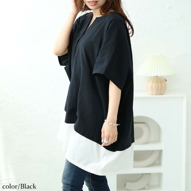大きいサイズ レディース フェイクレイヤードキーネックドルマンチュニック　maru-30044 ブラック