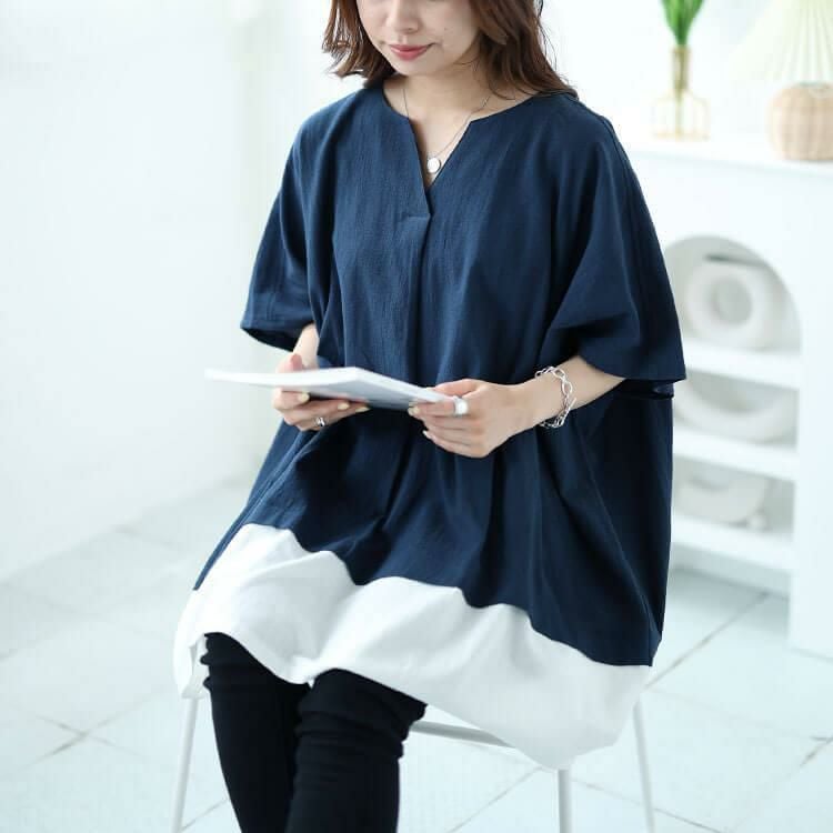 大きいサイズ レディース フェイクレイヤードキーネックドルマンチュニック　maru-30044 ネイビー