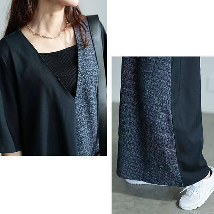 大きいサイズ レディース ラメツイード切り替えVネックワンピース　maru-30041