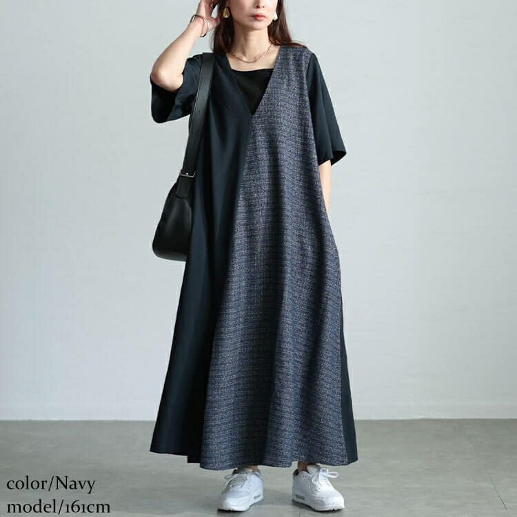 大きいサイズ レディース ラメツイード切り替えVネックワンピース　maru-30041