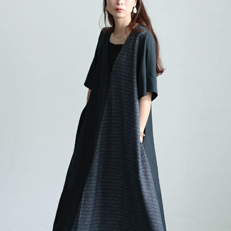 大きいサイズ レディース ラメツイード切り替えVネックワンピース　maru-30041