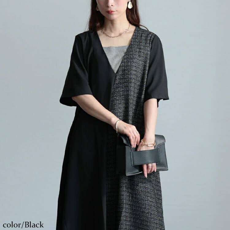大きいサイズ レディース ラメツイード切り替えVネックワンピース　maru-30041