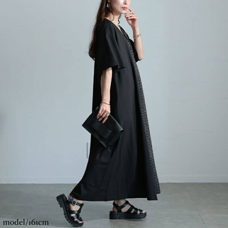 大きいサイズ レディース ラメツイード切り替えVネックワンピース　maru-30041