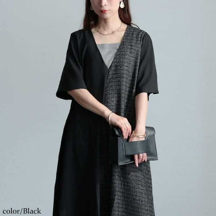 大きいサイズ レディース ラメツイード切り替えVネックワンピース　maru-30041 ブラック