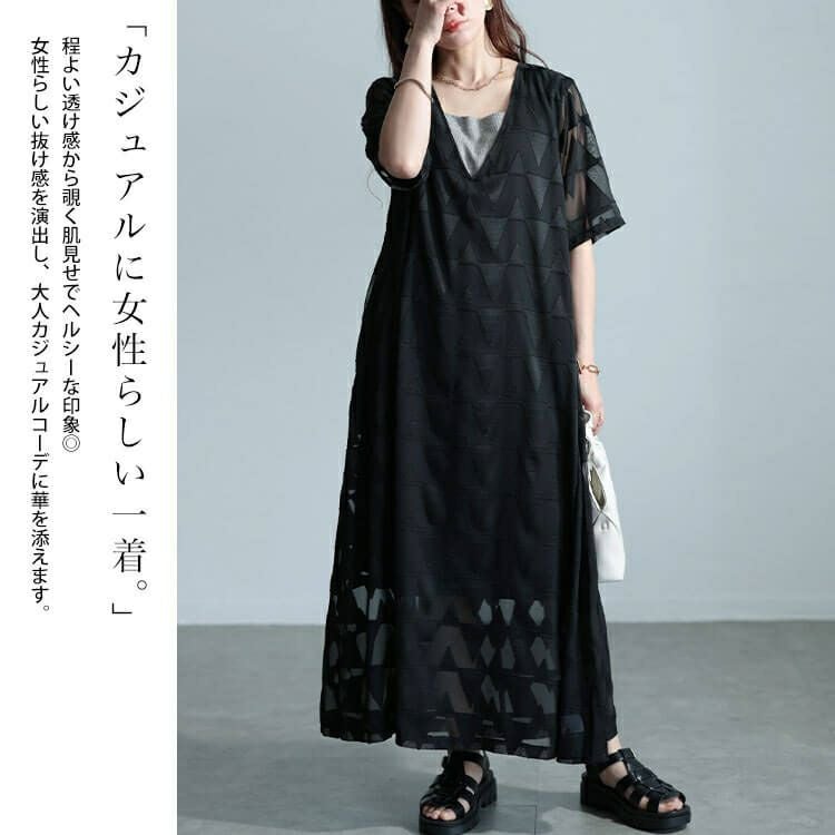 大きいサイズ レディース シフォンジャガードVネックフレアマキシワンピース　maru-30039