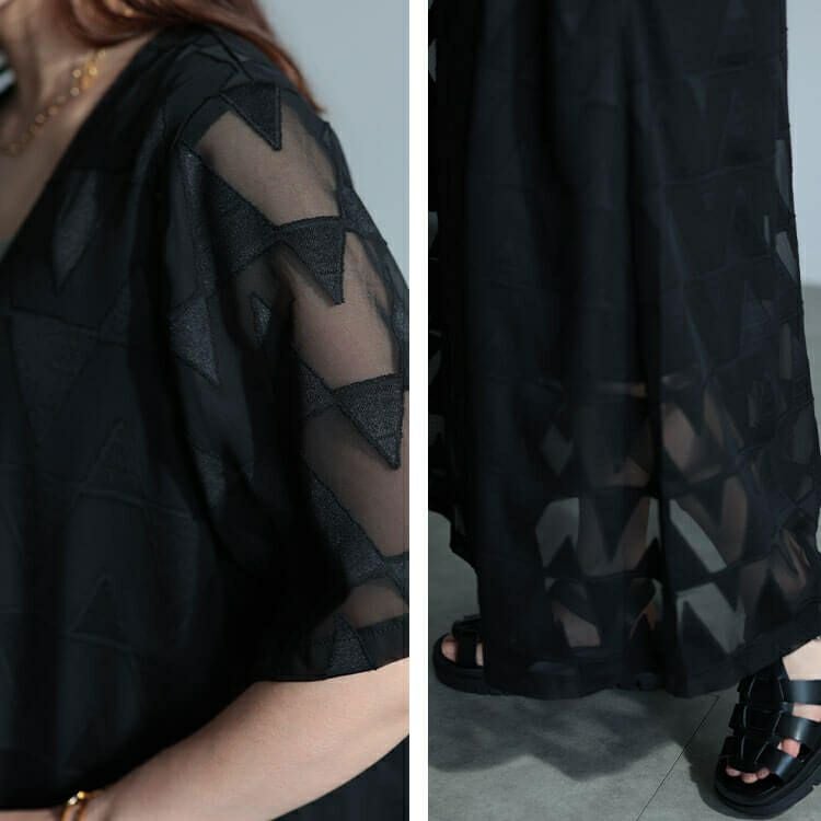 大きいサイズ レディース シフォンジャガードVネックフレアマキシワンピース　maru-30039