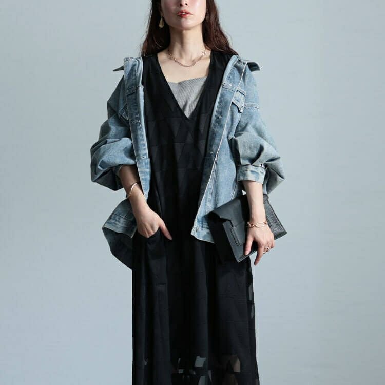 大きいサイズ レディース シフォンジャガードVネックフレアマキシワンピース　maru-30039