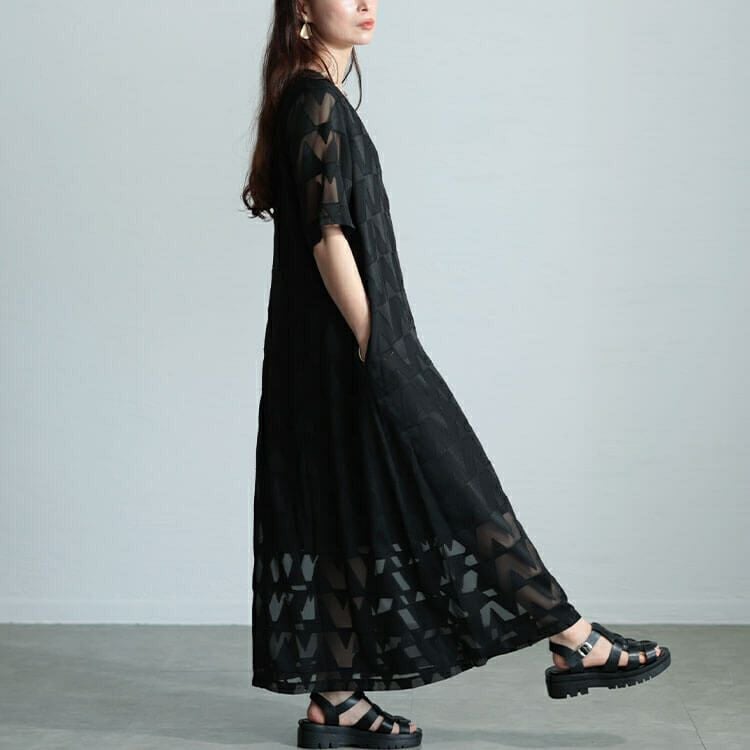 大きいサイズ レディース シフォンジャガードVネックフレアマキシワンピース　maru-30039