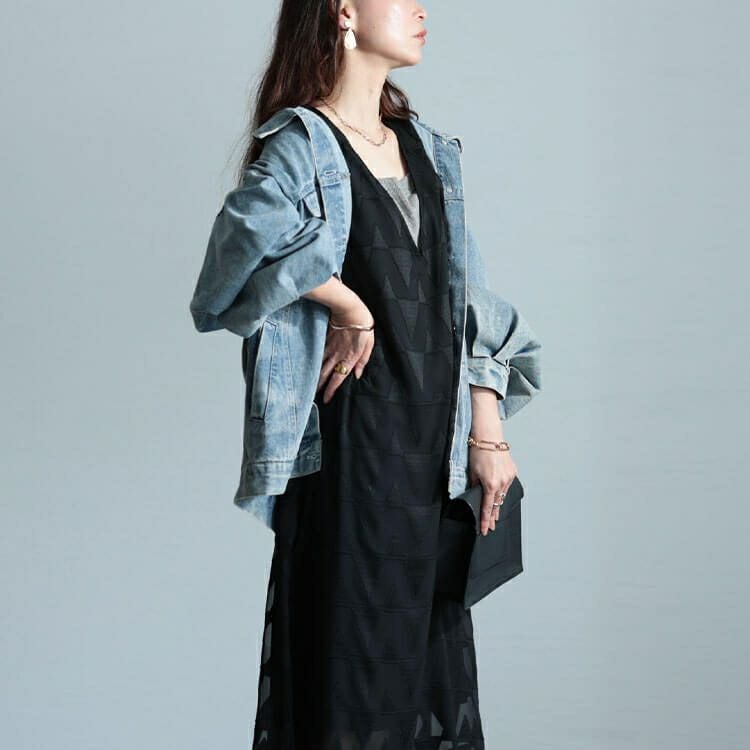 大きいサイズ レディース シフォンジャガードVネックフレアマキシワンピース　maru-30039