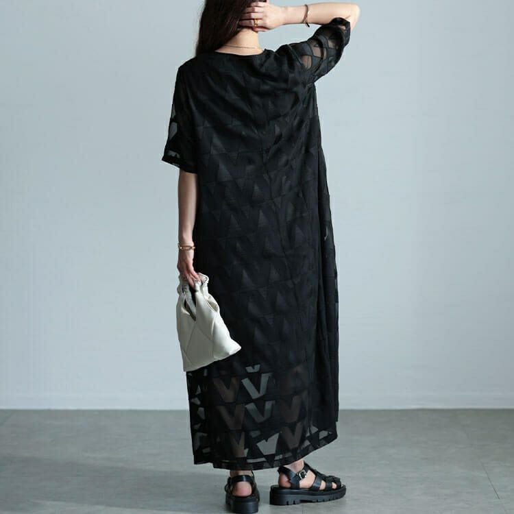 大きいサイズ レディース シフォンジャガードVネックフレアマキシワンピース　maru-30039