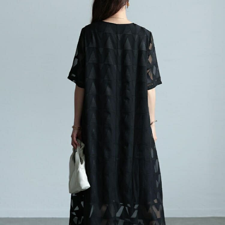 大きいサイズ レディース シフォンジャガードVネックフレアマキシワンピース　maru-30039