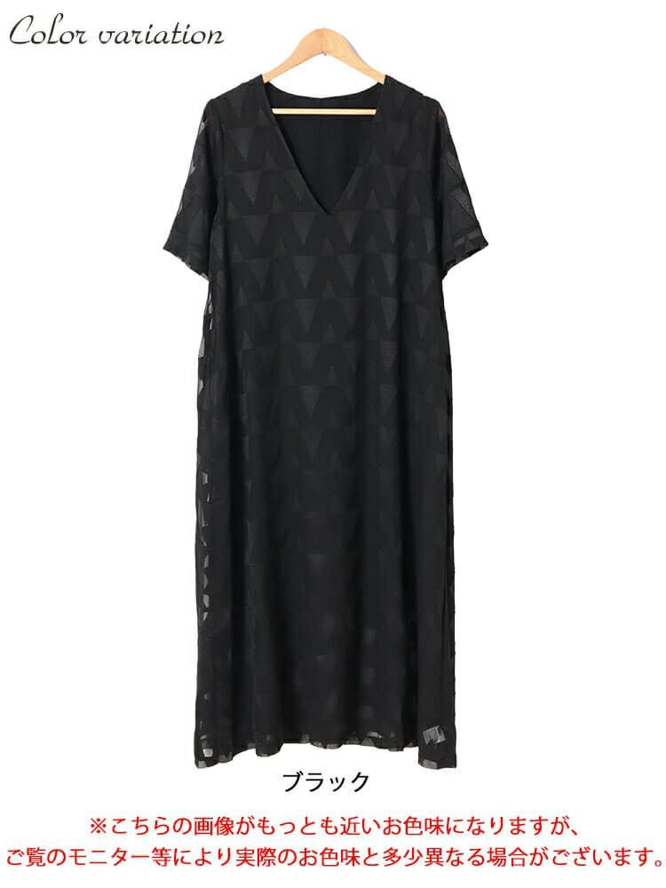 大きいサイズ レディース シフォンジャガードVネックフレアマキシワンピース　maru-30039