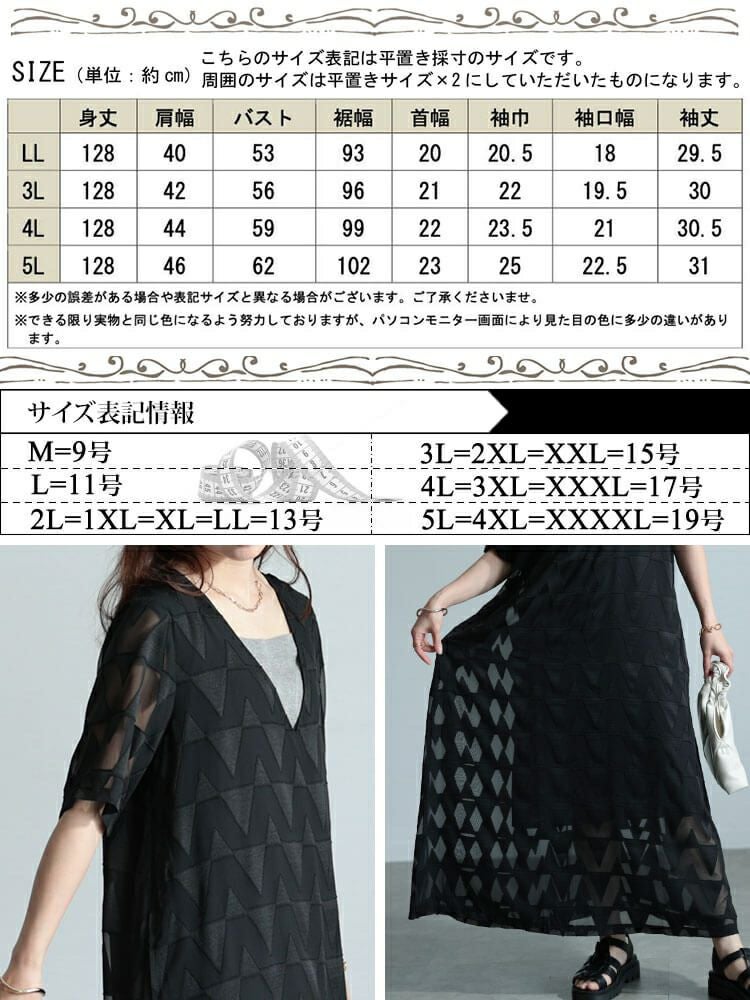 大きいサイズ レディース シフォンジャガードVネックフレアマキシワンピース　maru-30039