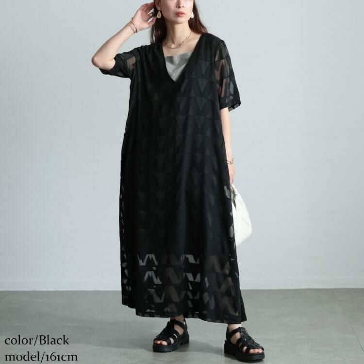 大きいサイズ レディース シフォンジャガードVネックフレアマキシワンピース　maru-30039 ブラック