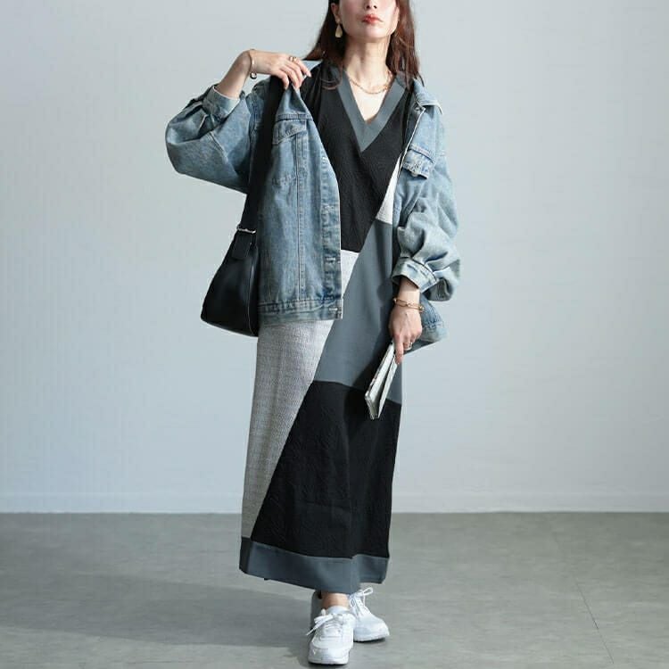 大きいサイズ レディース 前後2way異素材Aラインワンピース　maru-30038