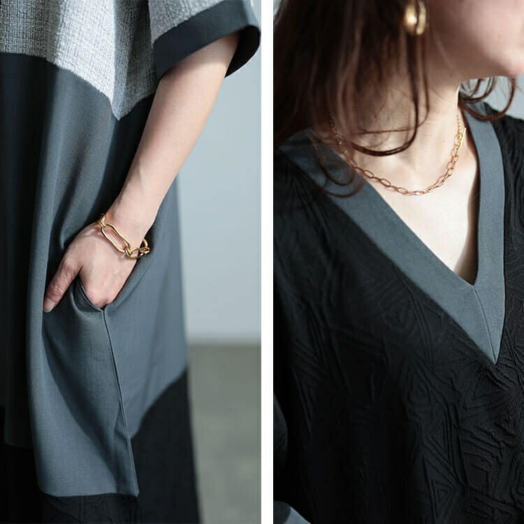 大きいサイズ レディース 前後2way異素材Aラインワンピース　maru-30038