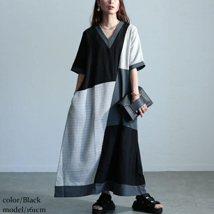 大きいサイズ レディース 前後2way異素材Aラインワンピース　maru-30038