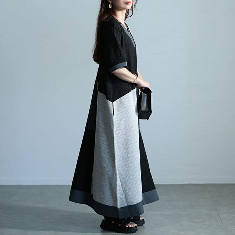 大きいサイズ レディース 前後2way異素材Aラインワンピース　maru-30038