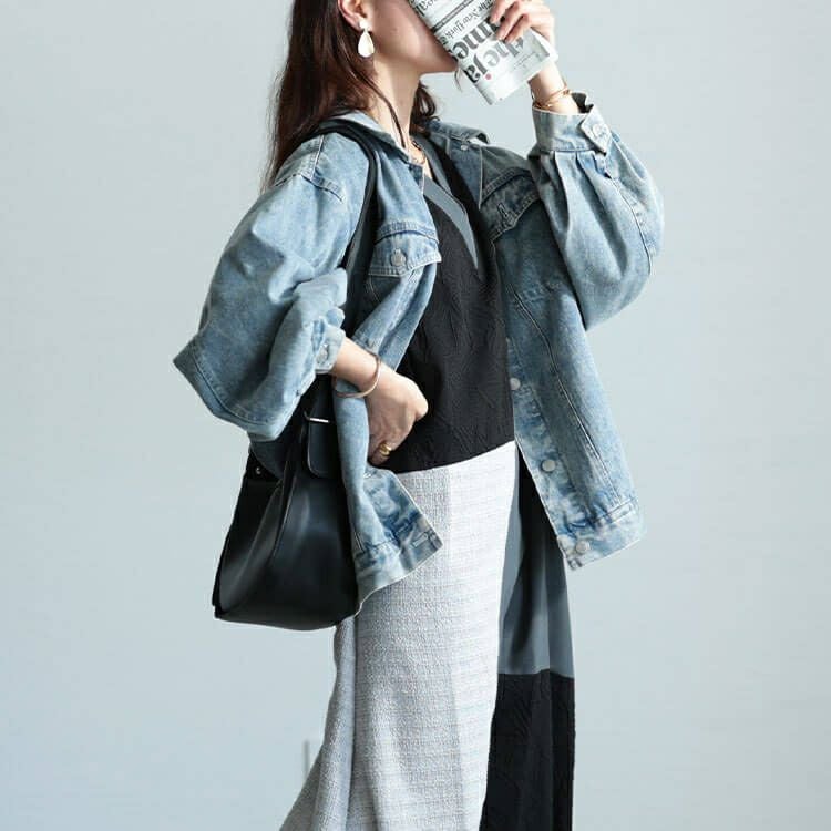 大きいサイズ レディース 前後2way異素材Aラインワンピース　maru-30038