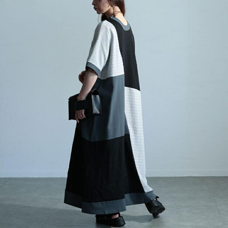 大きいサイズ レディース 前後2way異素材Aラインワンピース　maru-30038