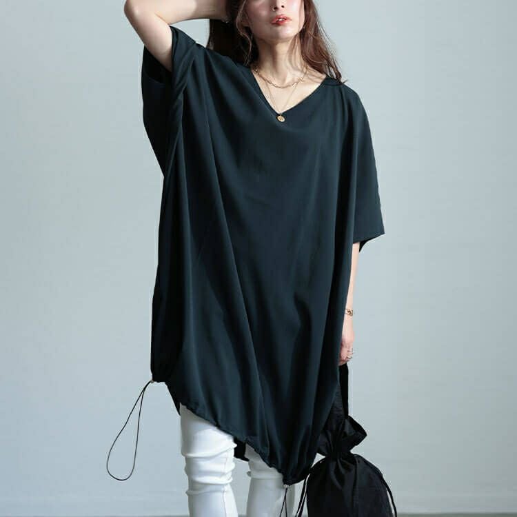 大きいサイズ レディース 楊柳Vネックドローコードドルマンチュニック　maru-30037
