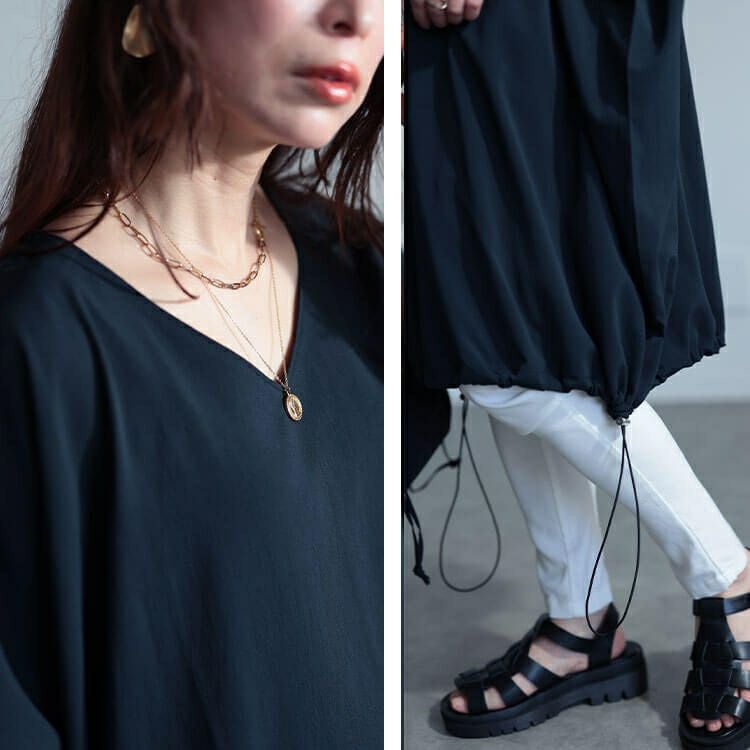 大きいサイズ レディース 楊柳Vネックドローコードドルマンチュニック　maru-30037