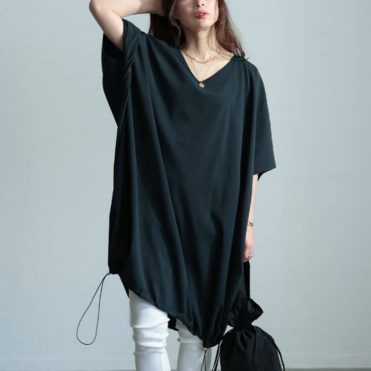 大きいサイズ レディース 楊柳Vネックドローコードドルマンチュニック　maru-30037 チャコール