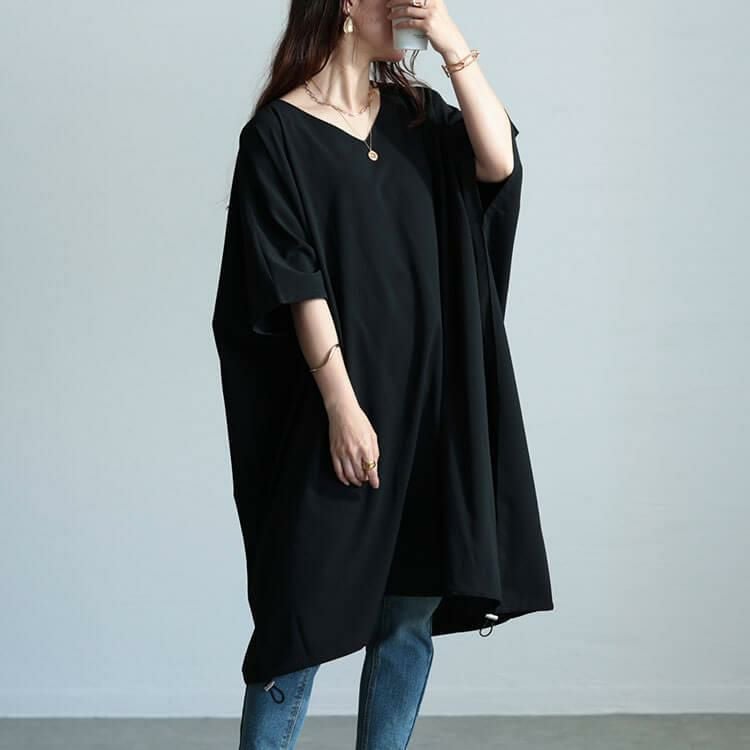 大きいサイズ レディース 楊柳Vネックドローコードドルマンチュニック　maru-30037 ブラック