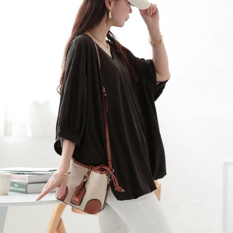 大きいサイズ レディース Vネックバルーンドルマンプルオーバー　maru-30036 【メール便可】 チャコール