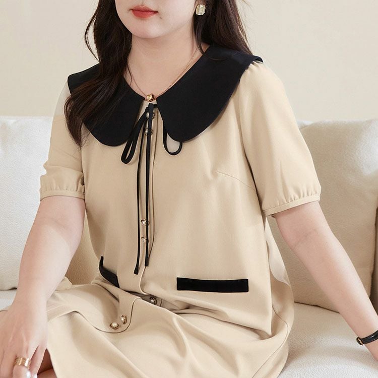 大きいサイズ レディース 襟付きバイカラーミディ丈ワンピース　goldy-1524