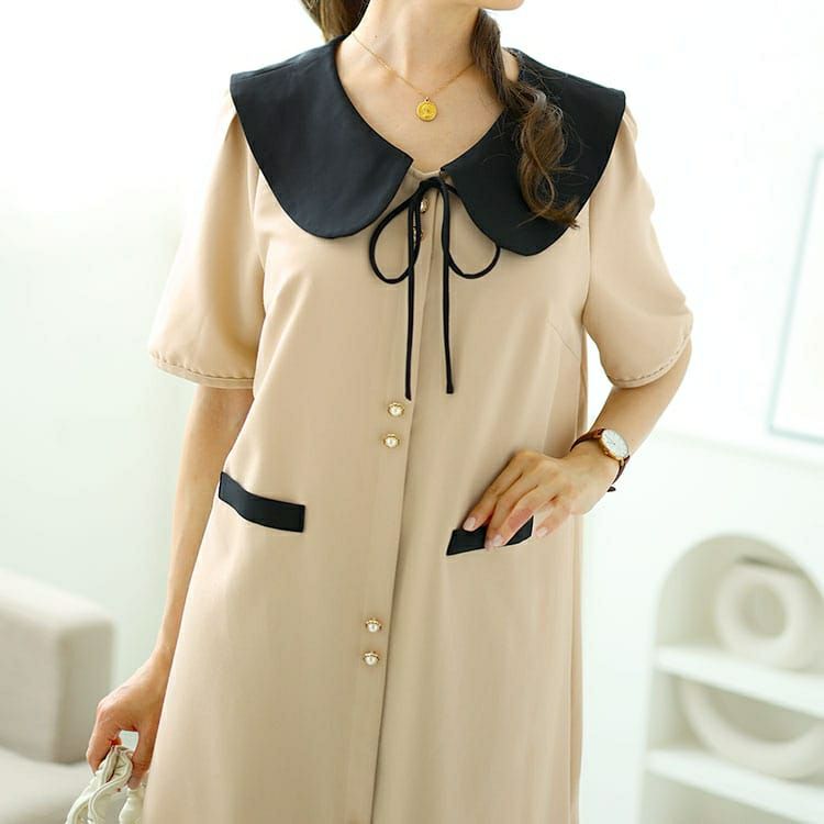 大きいサイズ レディース 襟付きバイカラーミディ丈ワンピース　goldy-1524