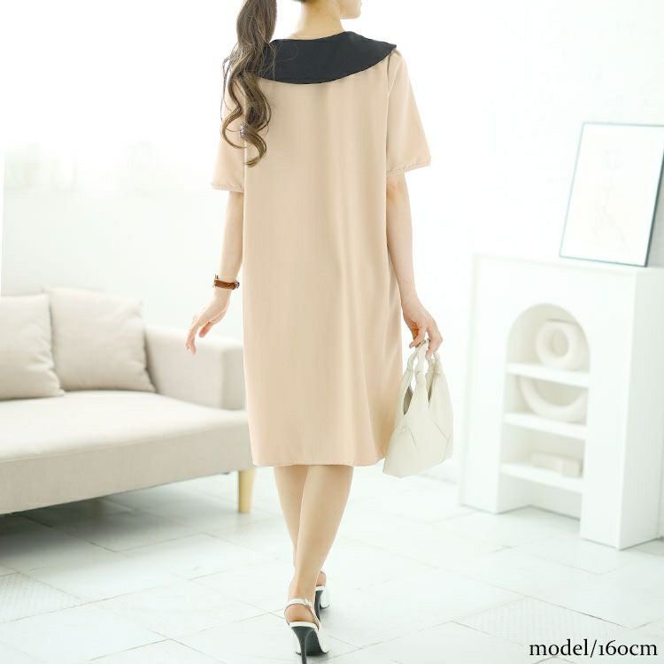 大きいサイズ レディース 襟付きバイカラーミディ丈ワンピース　goldy-1524