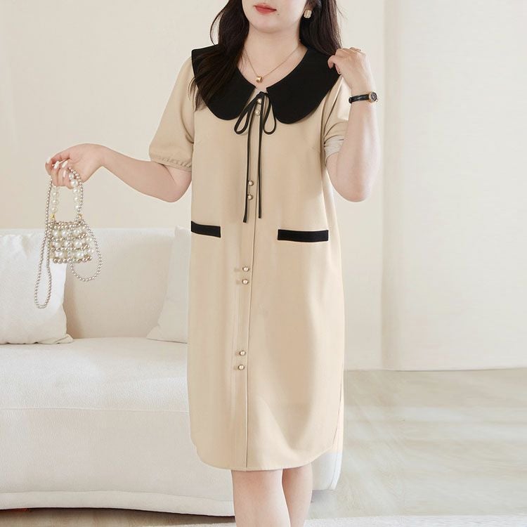大きいサイズ レディース 襟付きバイカラーミディ丈ワンピース　goldy-1524