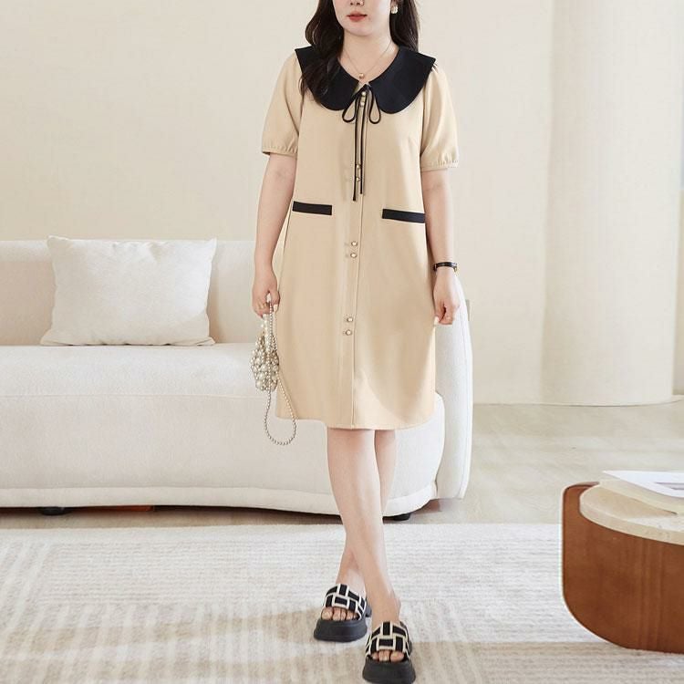 大きいサイズ レディース 襟付きバイカラーミディ丈ワンピース　goldy-1524 ベージュ