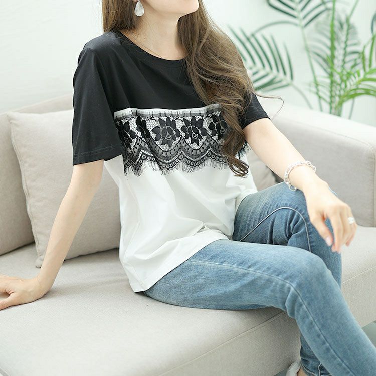 大きいサイズ レディース レース切替えバイカラーTシャツ　goldy-1523 【メール便可】