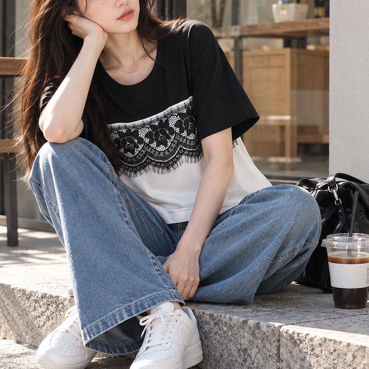 大きいサイズ レディース レース切替えバイカラーTシャツ　goldy-1523 【メール便可】