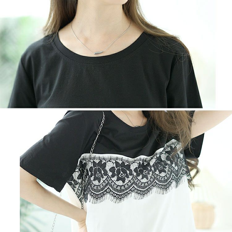 大きいサイズ レディース レース切替えバイカラーTシャツ　goldy-1523 【メール便可】