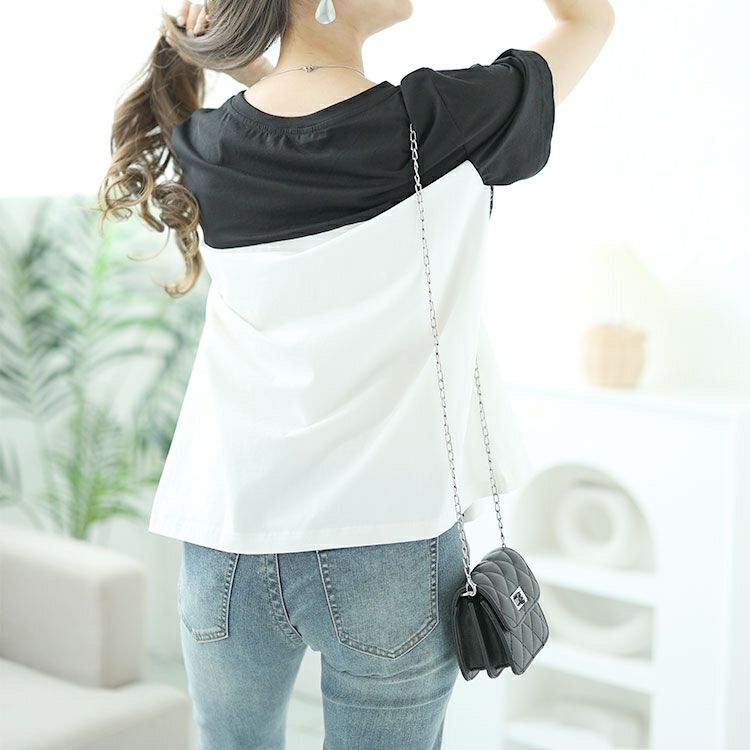 大きいサイズ レディース レース切替えバイカラーTシャツ　goldy-1523 【メール便可】