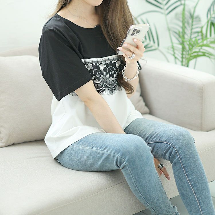 大きいサイズ レディース レース切替えバイカラーTシャツ　goldy-1523 【メール便可】