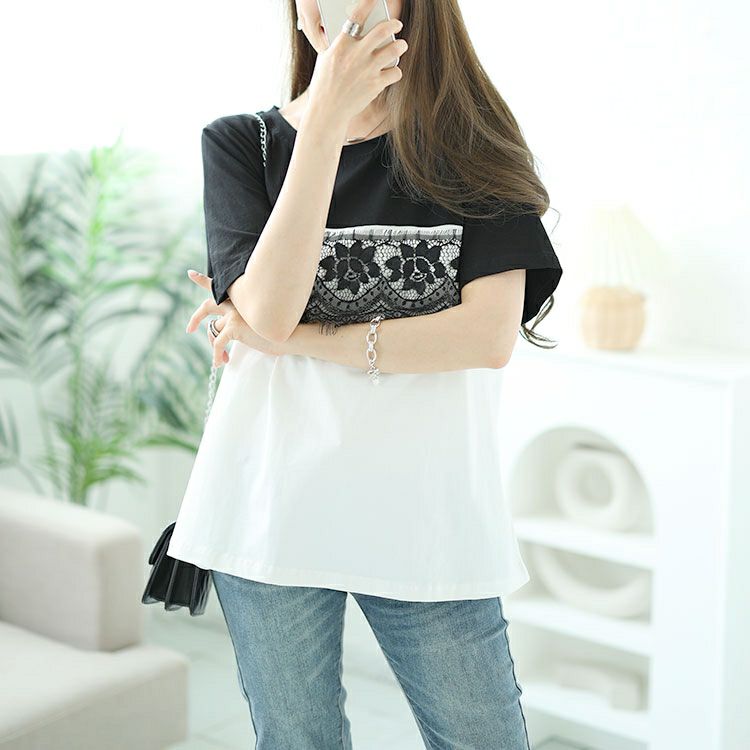 大きいサイズ レディース レース切替えバイカラーTシャツ　goldy-1523 【メール便可】