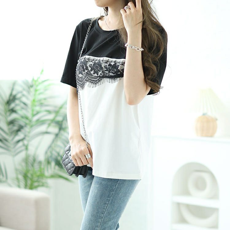 大きいサイズ レディース レース切替えバイカラーTシャツ　goldy-1523 【メール便可】