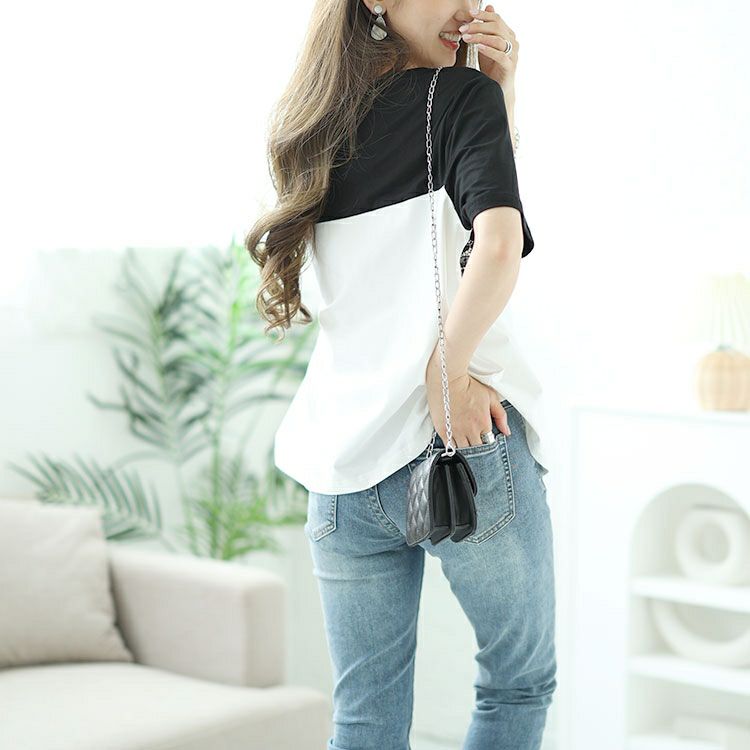 大きいサイズ レディース レース切替えバイカラーTシャツ　goldy-1523 【メール便可】