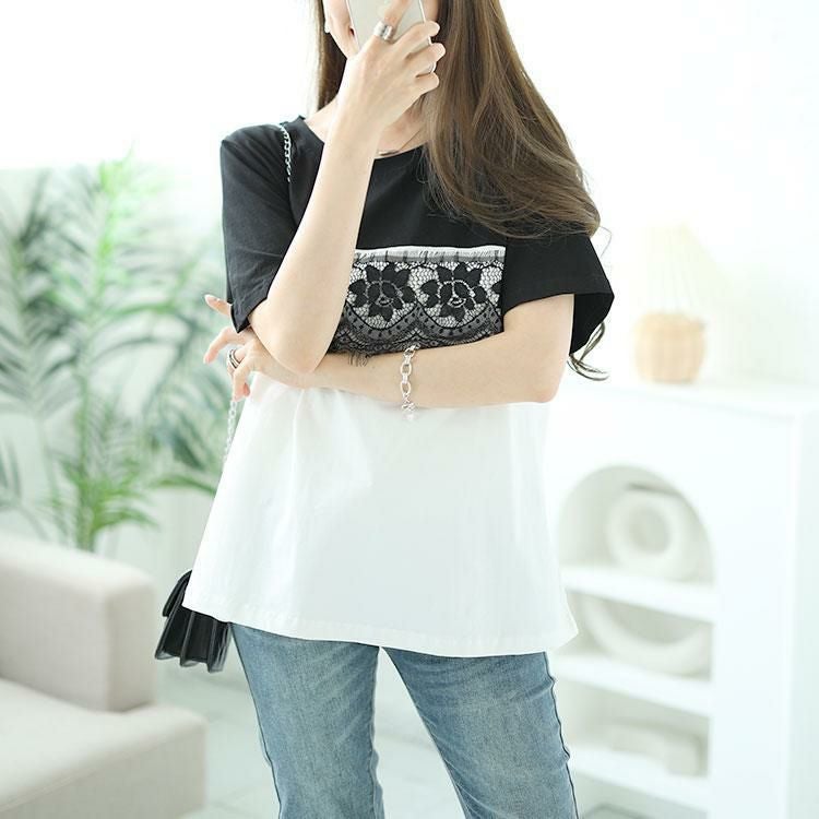 大きいサイズ レディース レース切替えバイカラーTシャツ　goldy-1523 【メール便可】 ホワイト