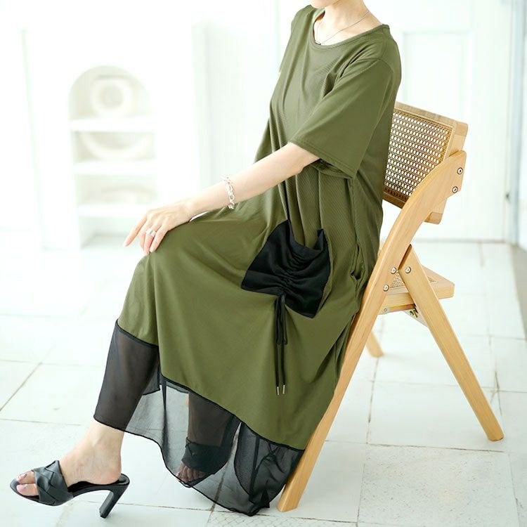 大きいサイズ レディース ビックポケット付きアシンメトリーワンピース　goldy-1522