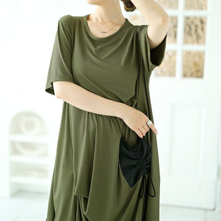 大きいサイズ レディース ビックポケット付きアシンメトリーワンピース　goldy-1522