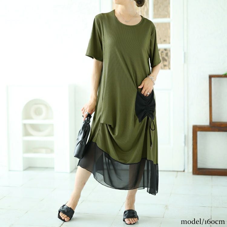 大きいサイズ レディース ビックポケット付きアシンメトリーワンピース　goldy-1522