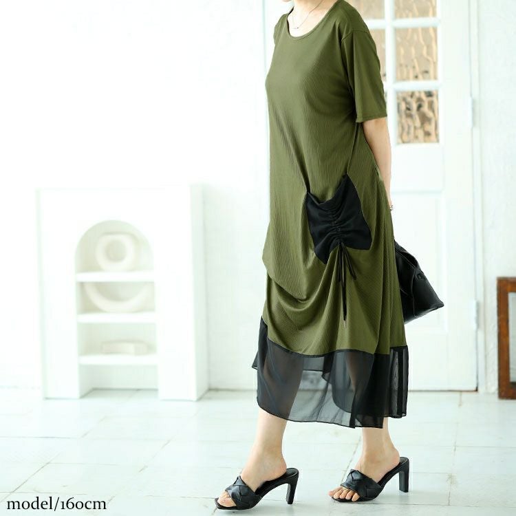 大きいサイズ レディース ビックポケット付きアシンメトリーワンピース　goldy-1522