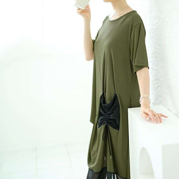 大きいサイズ レディース ビックポケット付きアシンメトリーワンピース　goldy-1522